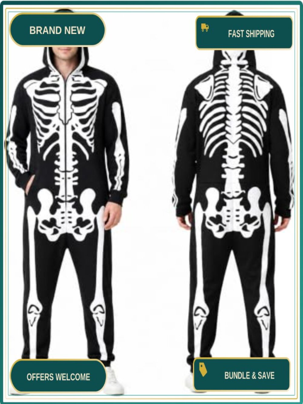 Skeleton Halloween Costume Zip Hood Jumpsuit Double-Sided Bone Print